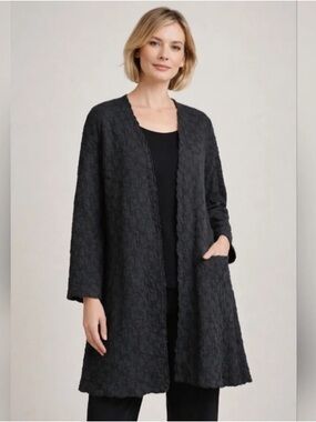 Eileen Fisher Wool Open Cardigan/Jacket Crinkle Texture Scalloped Front Medium